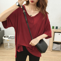 V-neck T-shirt womens 2021 summer new loose lazy short-sleeved base shirt Western style thin casual big red top