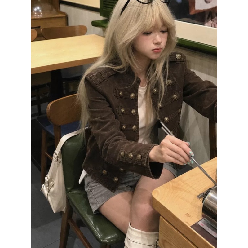 Knight-Style Napoleon Denim Short Jacket for Women, Palace-Style Heavy-Duty Double-Breasted Stand-Up Collar, Shoulder-Padded Slimming Jacket Top