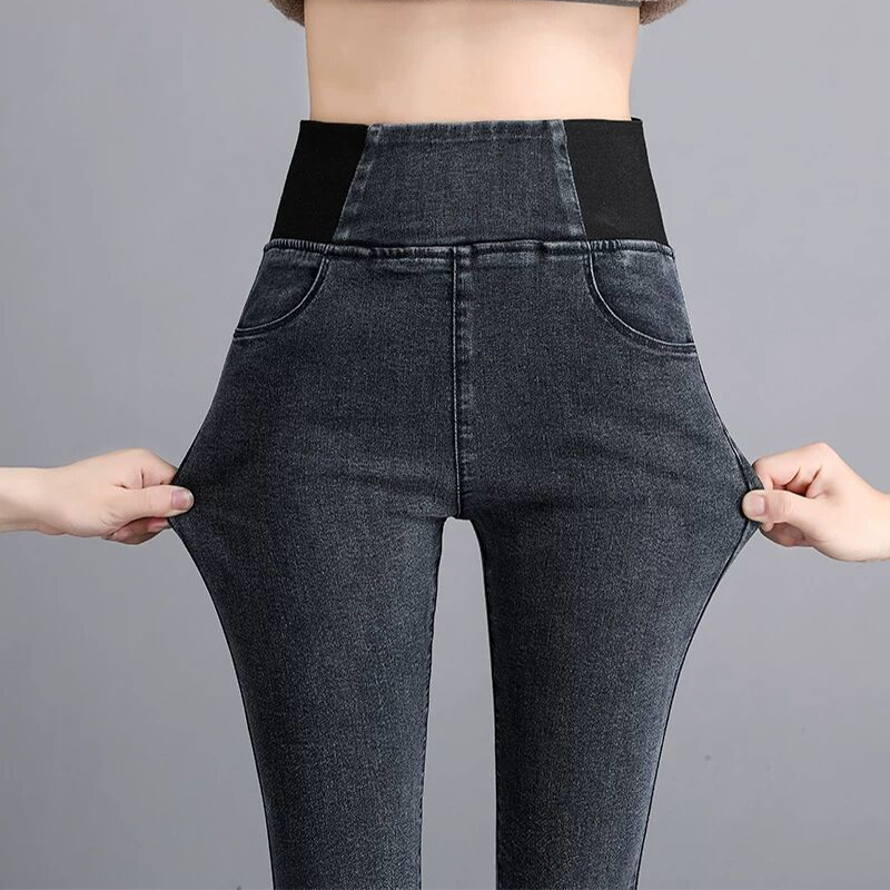女性用デニムレギンス、秋冬アウター、ハイウエスト、おなかコントロール、ヒップリフト、伸縮性のある大きいサイズ、ベルベット、肥厚、小さな足のためのペンシルパンツ