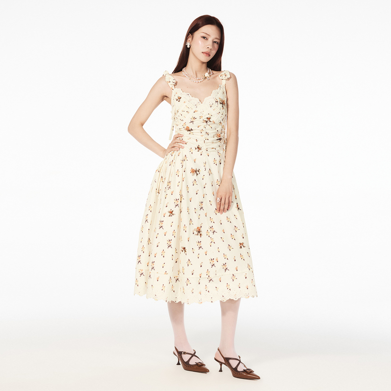 [Celebrity Style] Lefame 26 Summer New Style Pastoral Print Beaded Floral Suspender Dress for Women