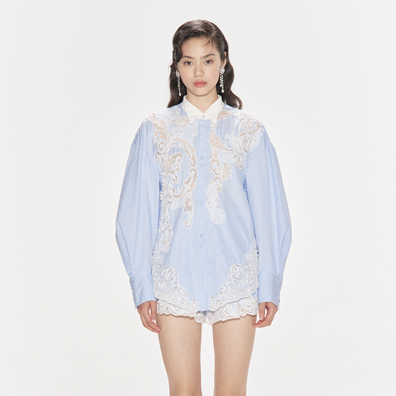 [Same Style as Yang Chaoyue] Lefame Nautical Style Outfit Blue Shirt Jacket Top Shirt for Women
