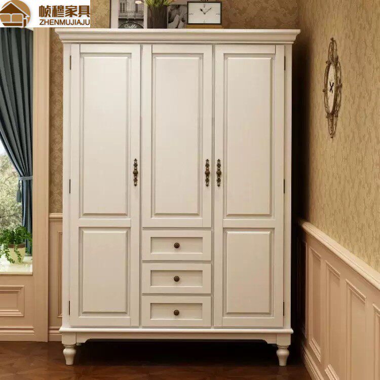 American vintage wardrobe neoclassical solid finished wardrobe retro white solid wood footed three doors big closet bedroom-Taobao