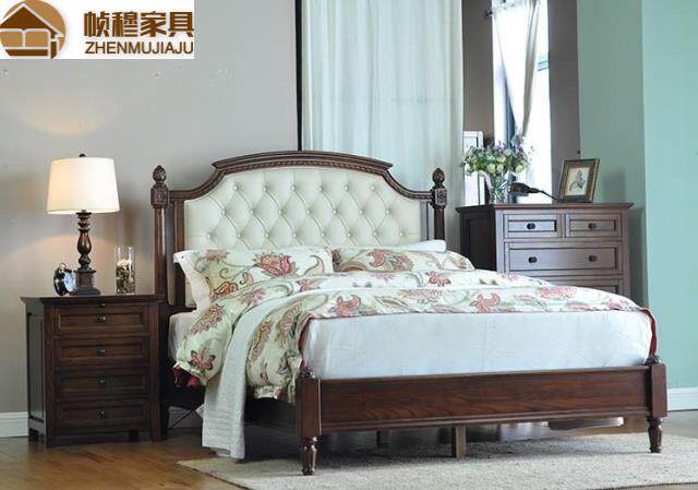 American bed full solid wood 1 5 m retro oak wood double leather bed European style genuine leather 1 8 m American leather art wedding bed-Taobao