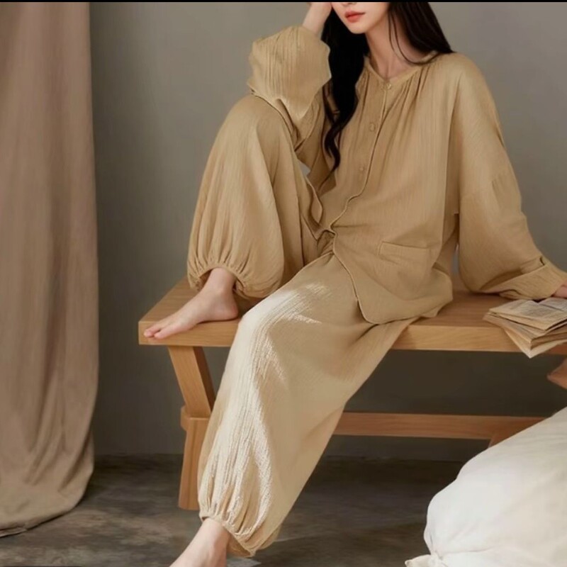 Long-Sleeved Pajamas for Women in Spring and Autum with Breast Pads, High-End Cloud Cotton, Loose and Large Size, Can Be Worn Outside, Home Clothes, Autum Suit