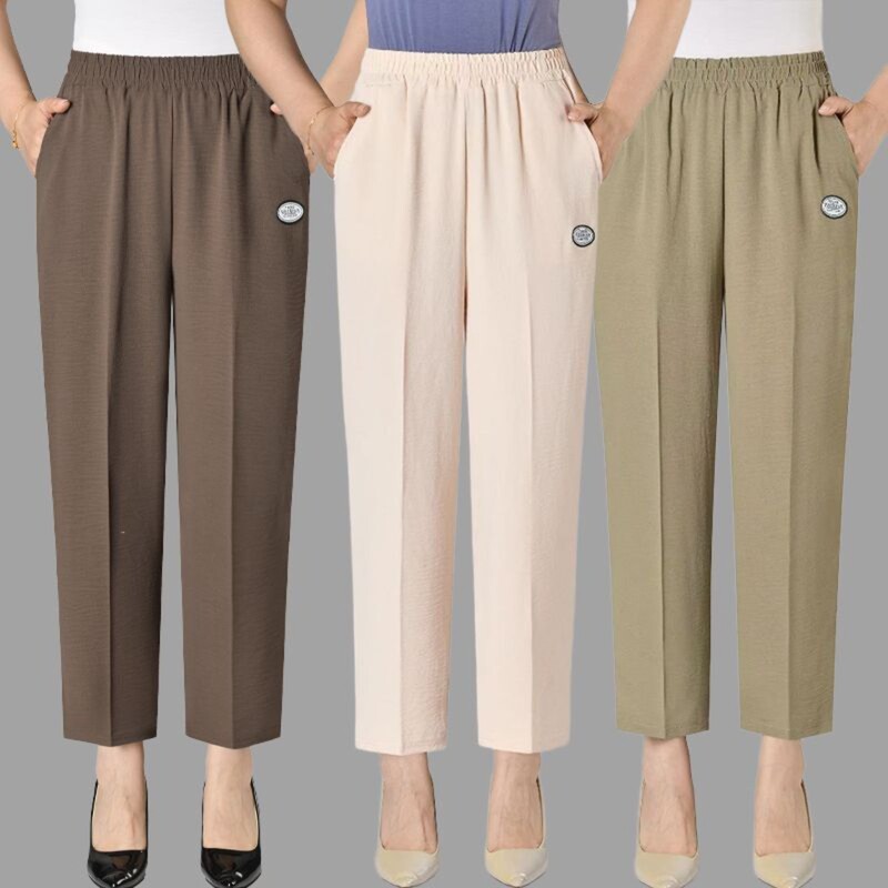 Short Women's Cropped Pants, Summer Thin Ice Silk Casual Pants for Middle-Aged and Elderly Women, Loose Straight-Leg Summer Trousers Short Women's Cropped Pants, Summer Thin Ice Silk Casual Pants for Middle-Aged and Elderly Women, Loose Straight-Leg Summer Trousers