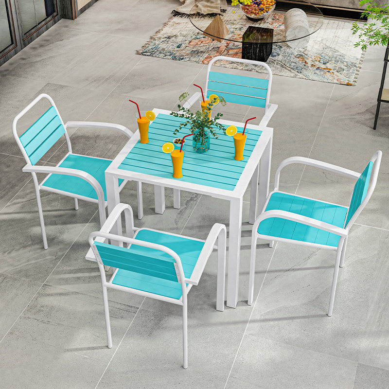 Colour outdoor table and chairs Blue café Wooden Morphine Hall Balcony Outdoor Terrace Net Red Iron Art Small Tea Table Waterproof Patio