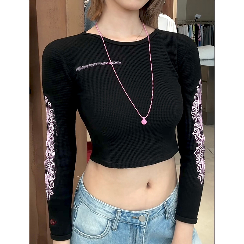 Waffle Knit Floral Print High-Waisted Long-Sleeve T-Shirt, Slim Fit, Waist-Revealing, Crop Top, Hot Girl Style, Short Base Shirt Top Waffle Knit Floral Print High-Waisted Long-Sleeve T-Shirt, Slim Fit, Waist-Revealing, Crop Top, Hot Girl Style, Short Base Shirt Top