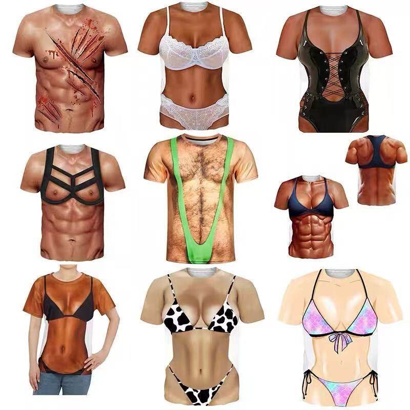 Creative and Funny 3D Muscle Print Sexy Short-Sleeve T-Shirt, Personalized Trendy Brand Round-Neck Top with Texture for Men and Women