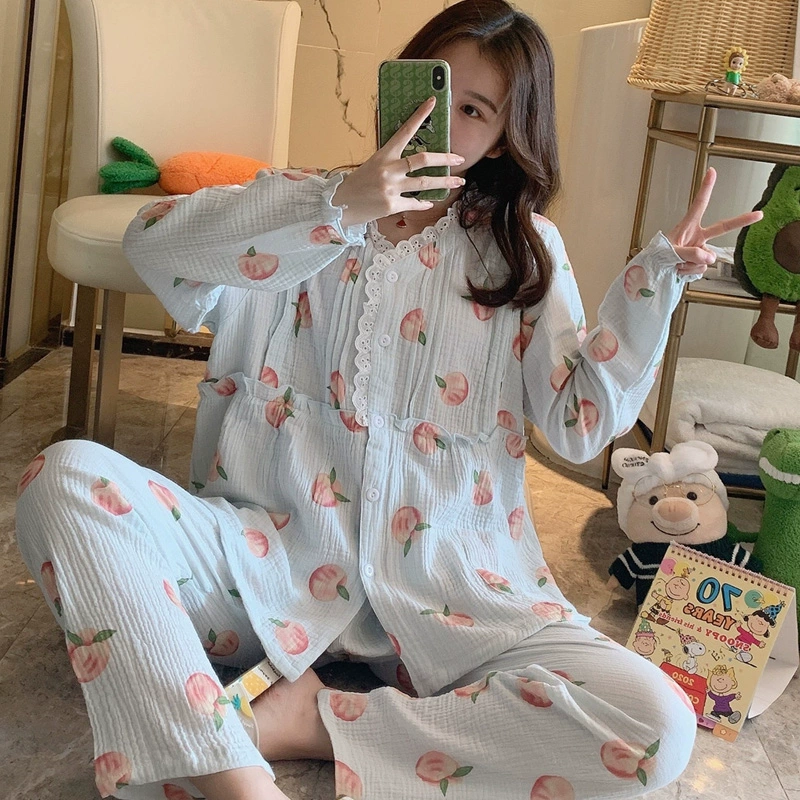 Bộ đồ ngủ của phụ nữ mùa xuân và mùa thu cotton tinh khiết dài tay Ngày 7 tháng 5 sau sinh cho con bú và cho con bú quần áo phụ nữ mang thai dịch vụ tại nhà - Giải trí mặc / Mum mặc