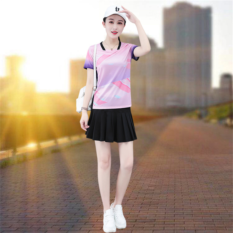 Badminton Clothing for Women, Quick-Drying Sportswear Set, Summer Short-Sleeved Jersey, Women's Tennis Clothing, Skirt Pants, Top with Printing