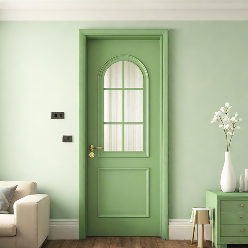 Cream-Colored Green Solid Wood Composite Swing Door for Bedroom, Arch-Shaped Window, Painted Door Panel, French-Style Design