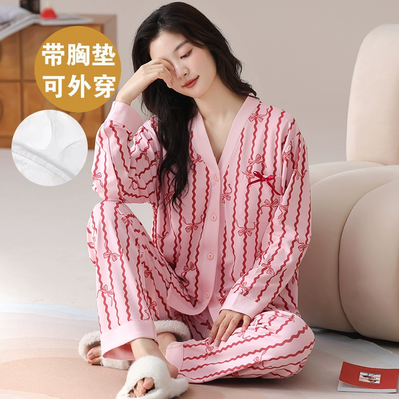 2025新款带胸垫睡衣女士春秋季长袖可外穿大码韩版学生家居服套装 2025新款带胸垫睡衣女士春秋季长袖可外穿大码韩版学生家居服套装