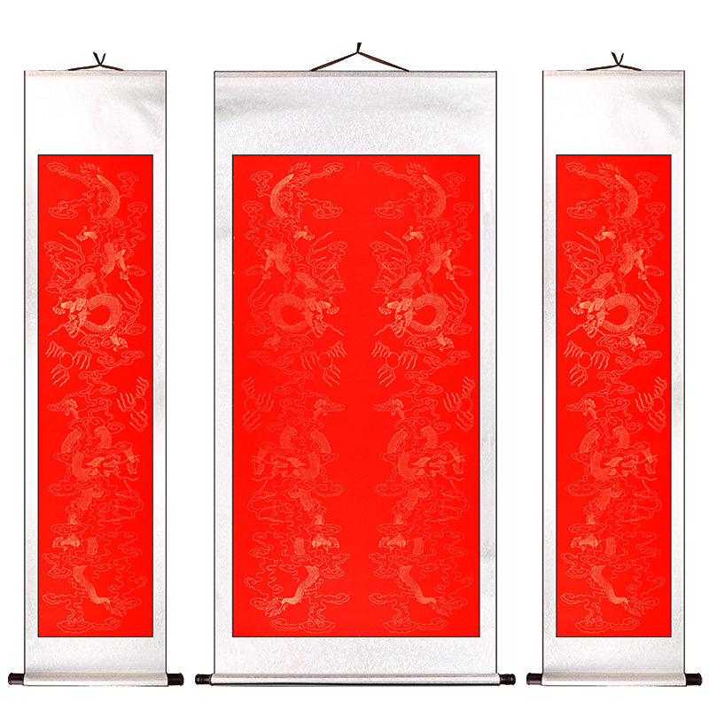 宣紙萬年紅空白中堂掛立軸手工全綾裝裱三尺四尺對開灑金描龍半熟-淘寶