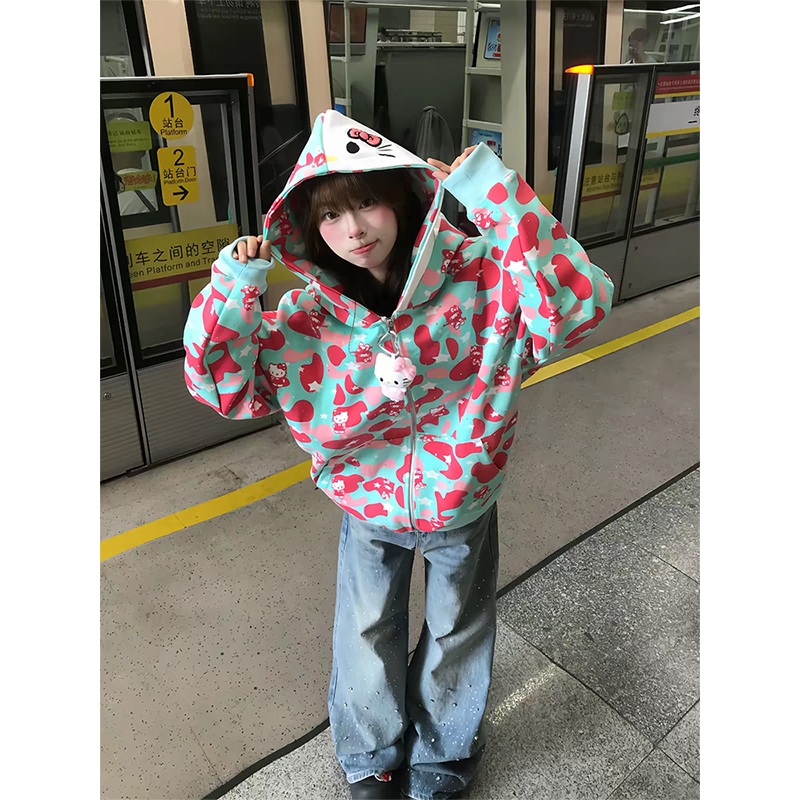 Kitty Cat Camouflage Double Hat Sweatshirt for Women, Autumn American Retro Loose College Couple Cardigan Hooded Jacket Kitty Cat Camouflage Double Hat Sweatshirt for Women, Autumn American Retro Loose College Couple Cardigan Hooded Jacket