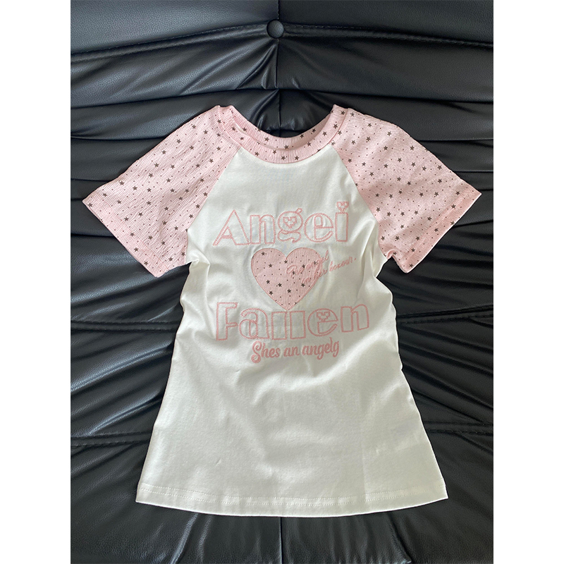 Embroidered Heart and Star Sweet Girl Short-Sleeve T-Shirt for Women, Summer Slim Fit, Sweet and Versatile, Regular Shoulder Short Top