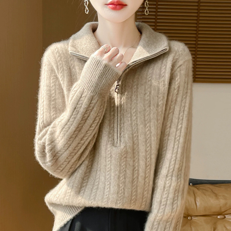 New Style Lapel Solid Color Wool Sweater for Women, Half-Zip Knit Base Layer for Autumn and Winter, Loose Fit, Thick Sweater for Outerwear