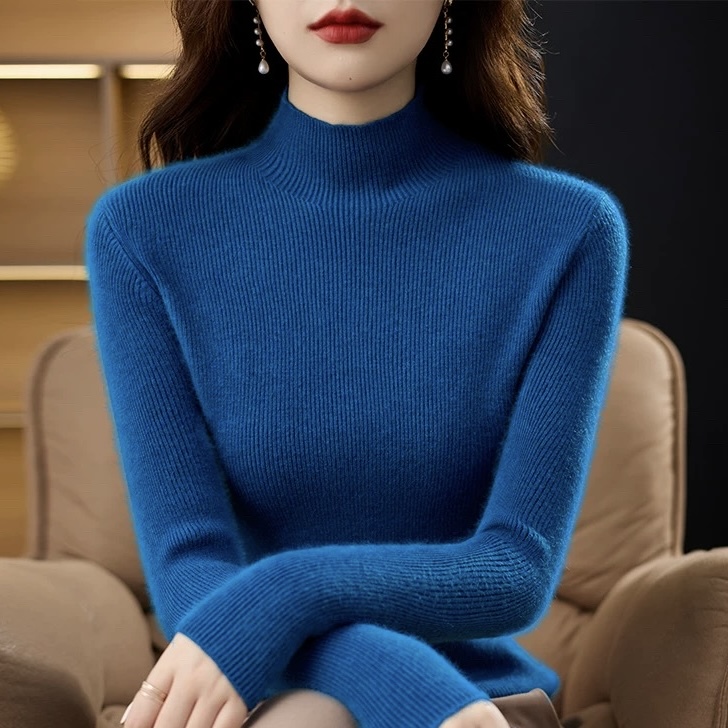 Half Turtleneck 100% Wool Sweater for Women, Blue, Thick Knit, Autumn and Winter, Slim Fit, Slimming Cashmere Knit Base Layer