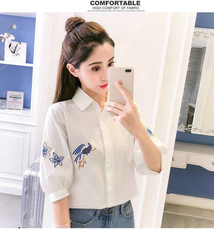 Áo sơ mi nữ tay dài 2018 xuân hè mới Han Fan nhỏ thêu hoa tươi và áo thun cotton mỏng tay ngắn các kiểu áo sơ mi họa tiết nữ đẹp