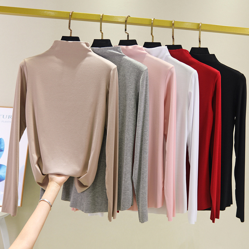 Modale Half High collar Long sleeves T-shirt Women in spring and autumn slim fit with mid-collar blouse large size for undershirt