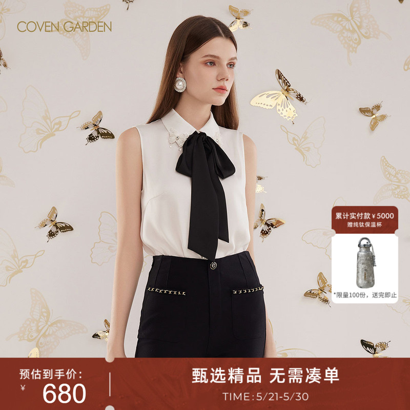 Coven Garden/ Coven Garden's New Summer Satin Chiffon Sleeveless White Shirt with Bow Top Coven Garden/ Coven Garden's New Summer Satin Chiffon Sleeveless White Shirt with Bow Top