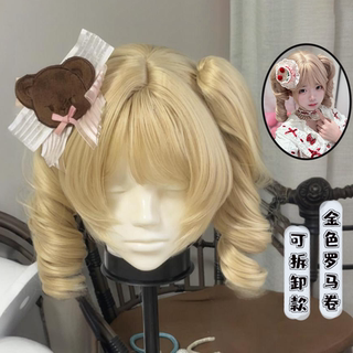 Short Blonde Wig for Women, Roman Curls, Claw Clip, Double Ponytail, Lolita Style, Sweet and Natural, Full Head Wig