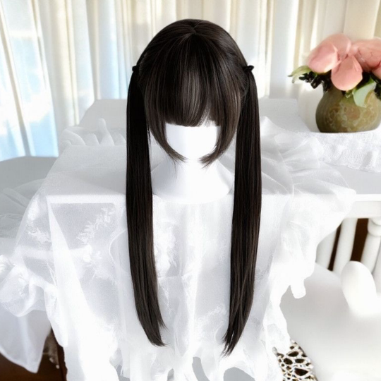 Lolita Style Long Hair Wig for Women, Sweet and Natural Double Ponytails, Everyday Black Long Straight Hair, Jk Age-Reducing Full Head Wig