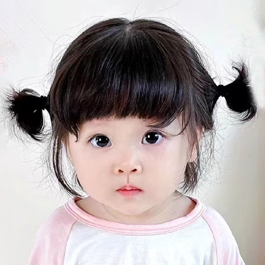 Children's Double Ball Head Wig for Women with Short Hair, Sweet and Cute Baby Hairstyle, Daily Breathable Air Bangs Full Headgear