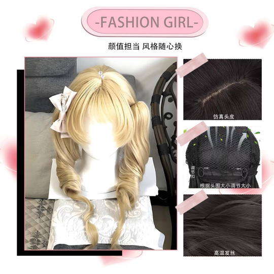 Vintage Doll-Style Cosplay Roman Curls Daily Lolita Sweet Natural Hair Clip Double Ponytail Full Head Wig