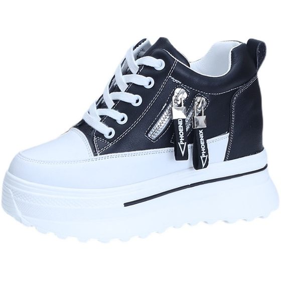 松糕鞋女厚底内增高8cm小白鞋侧拉链休闲运动鞋系带坡跟女单鞋