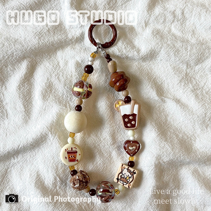 HUGO Instagram-style brown heart-shaped milk tea beaded phone chain, bag charm, keychain, phone case, lanyard – cute!