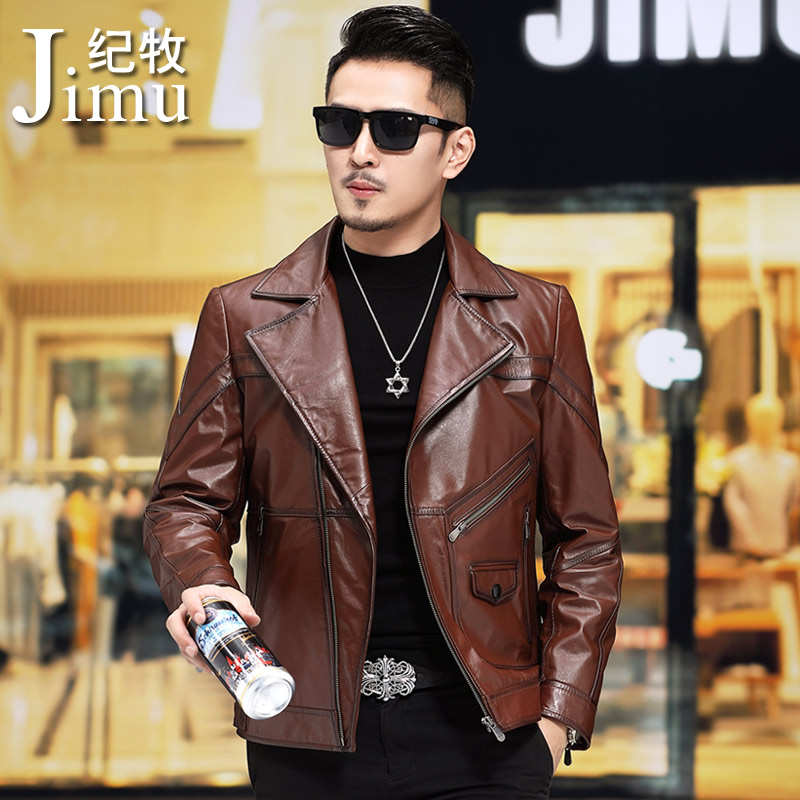 New Head Layer Calf Leather Genuine Leather Leather Clothing Men's Body Han Version Handsome air trend Turning Locomotive Leather Jacket Jacket