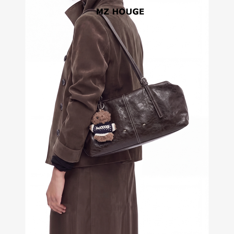 Mz Houge Genuine Leather Boston Pillow Bag for Women 2026 New Large-Capacity Baguette Bag Retro Commuter Underarm Bag