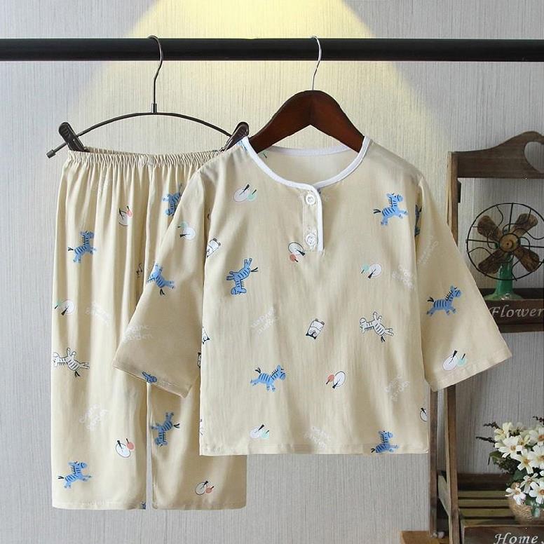 Childrens bông bông bông pajama set chàng trai mùa hè và cô gái dài tay quần short cotton lụa đồ ngủ nhà quần áo điều hòa không khí quần áo