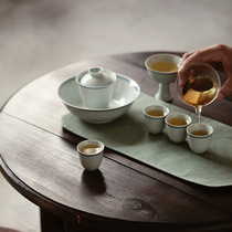 Twilight Cangzhai Home Living Room Kung Fu Tea Set Ancient Green Hand-painted Double Line Blue Line Cover Bowl Tea Cup Gift Box Set