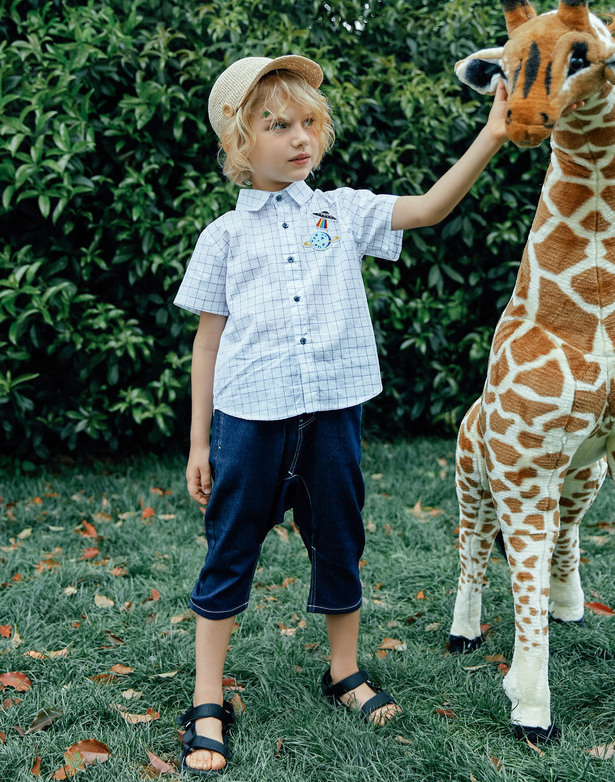Áo dù cho trẻ em mặc áo phi thuyền hành tinh thêu mùa hè 2019 Mới cho trẻ em kẻ sọc Cotton Boy áo ngắn tay - Áo sơ mi áo em bé