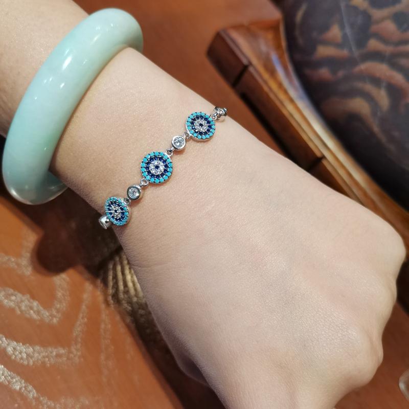 Turkish Imported 925 Silver Jewelry Blue Eye Ethnic Style Inlaid Evil Eye Bracelet Bangle