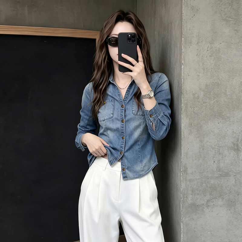 Soft Denim Shirt for Women, 2026 New Early Autumn Hong Kong Style Retro Design, Fashionable Layered Shirt with Turn-Down Collar Soft Denim Shirt for Women, 2026 New Early Autumn Hong Kong Style Retro Design, Fashionable Layered Shirt with Turn-Down Collar