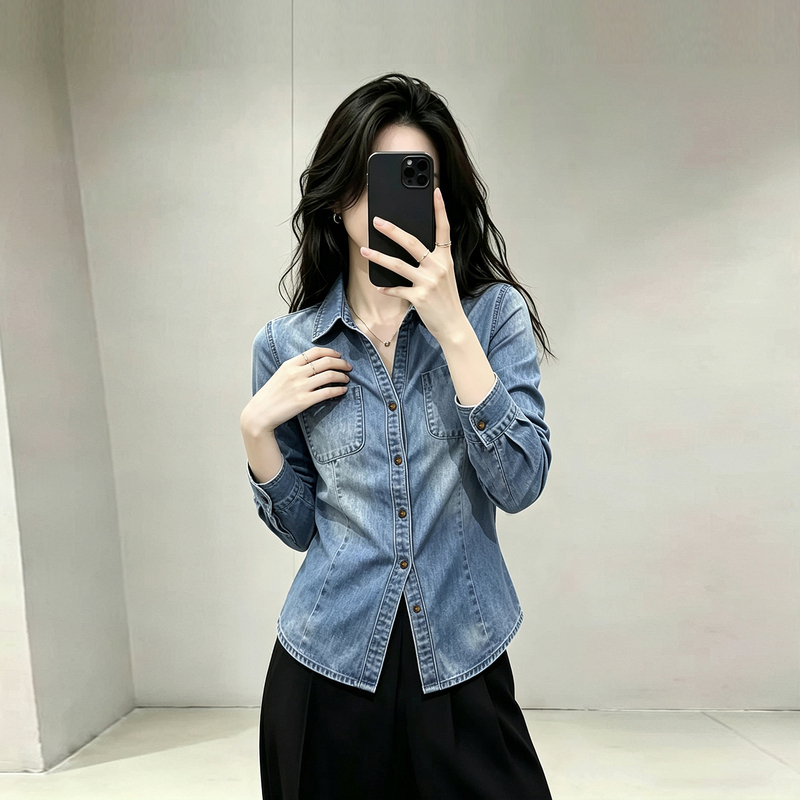French-Style Chic Denim Shirt for Women, Early Autumn 2026 New Fashion, Stylish Retro Layered Regular Shoulder Shirt Top