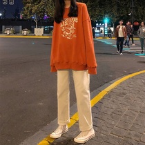 Orange sweater womens autumn and winter 2021 New loose Korean version of medium length plus velvet padded round neck long sleeve top