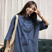 Super fire bear short sleeve T-shirt female summer loose Korean version of ins Harajuku wind student leisure Joker seven-point sleeve shirt