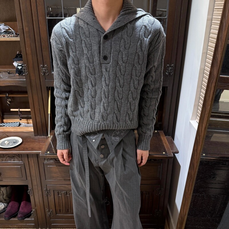 Manuscript Wool Blend Stand Collar Cable Knit Sweater with Regular Shoulders and Convertible Collar, Vintage Style Knitwear Intent