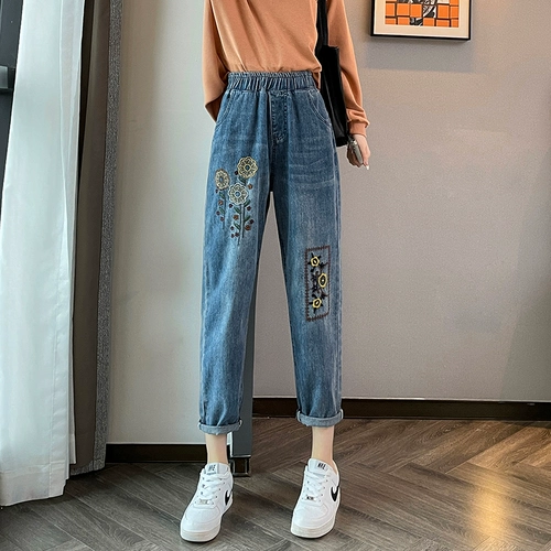Осенние джинсы, демисезонные штаны, высокая талия, 2025 года, по фигуре, с вышивкой, большой размер, свободный прямой крой