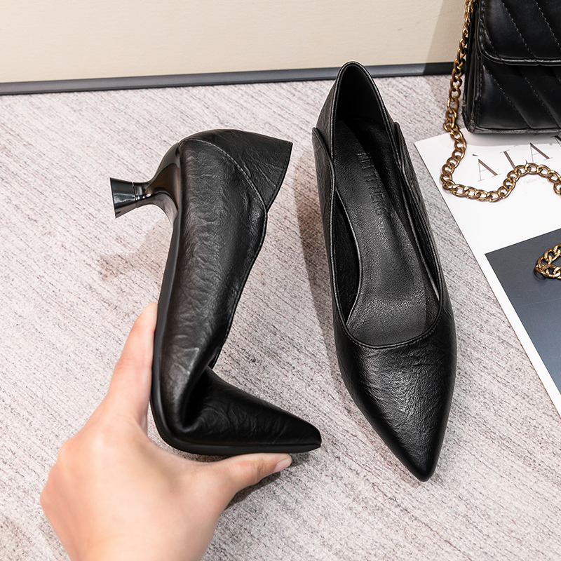 Flight Attendant High Heels Women's Stiletto Soft Sole Comfortable Professional Genuine Leather 3cm Small Heel Flats Black Stewardess Work Shoes Women