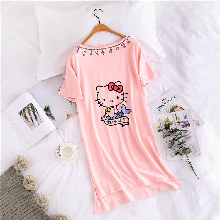 HelloKitty nightdress nữ mùa hè Hàn Quốc phiên bản của sinh viên mới cotton ngắn tay có thể mặc lỏng dài-đồ ngủ dài