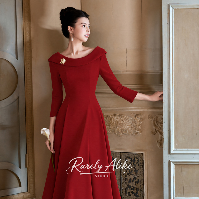 "Red Dress" Engagement Dress for Women, Burgundy Bride's Autumn and Winter Wedding Long-Sleeve Toast Dress, Suitable for Pear-Shaped Body and Petite Figures