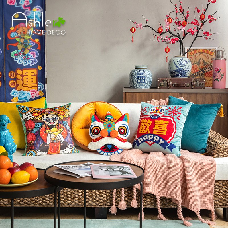 Chinese wind sofa with pillow tiger New Year's Eve wedding Heawoke Lion Spring Festival Chinese tide Chinese New Year on the back of the pillow