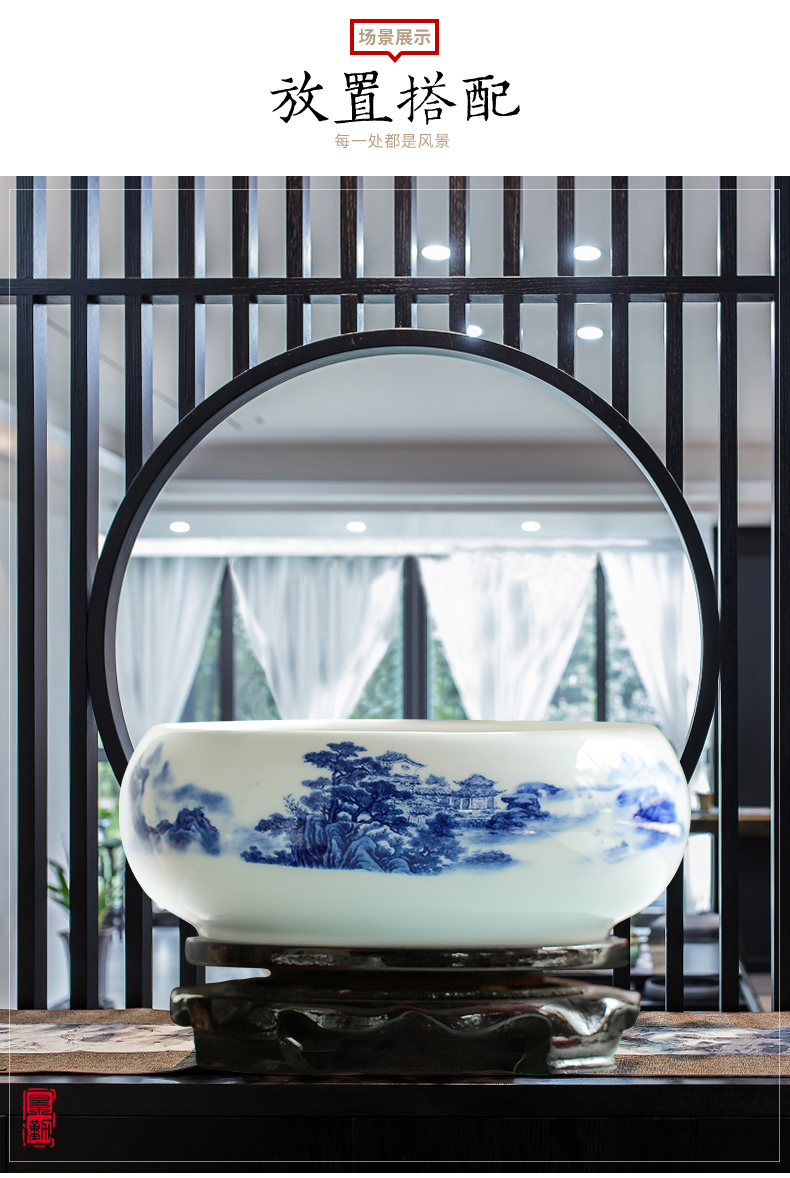 Jingdezhen blue and white porcelain ceramic aquarium furnishing articles the tortoise water lily cylinder sitting room decoration aquarium writing brush washer from fish bowl