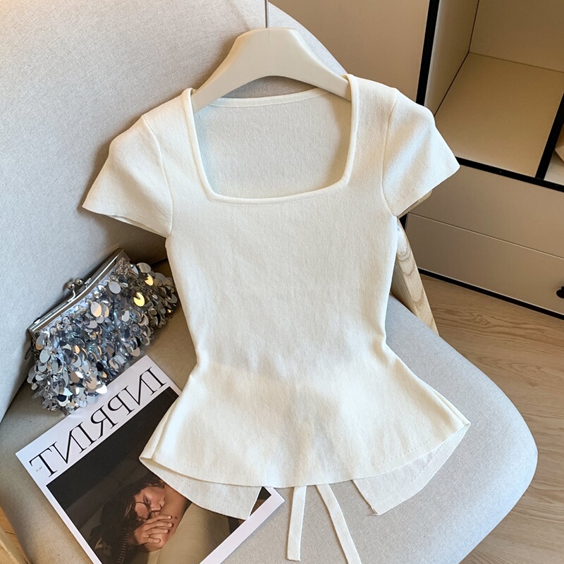 Shenzhen Nanyou High-End Light Luxury Women's Fashion Ice Silk T-Shirt Thin Top Summer Short-Sleeved Back-Tie Knitwear