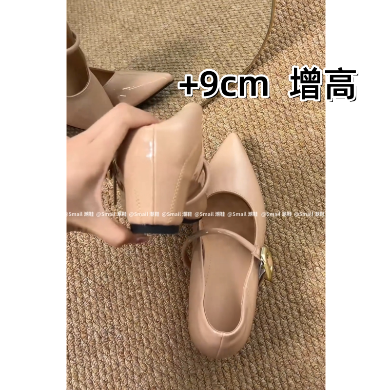 +9Cm Height-Increasing Pointed-Toe High-Heeled Shoes for Women, Wedge Heels, 2026 Spring and Autumn New Style, Single-Strap Commuter Professional Mary Jane Shoes