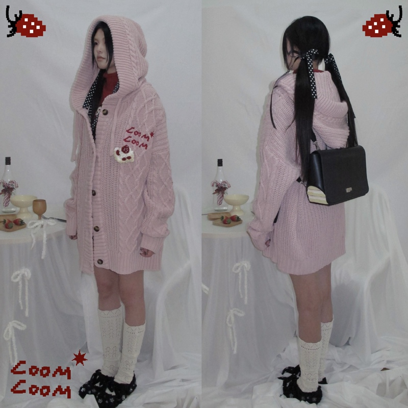 Loomloom Original Cat Afternoon Tea* Handmade Small Cake Crochet Logo Hooded Knitted Jacket